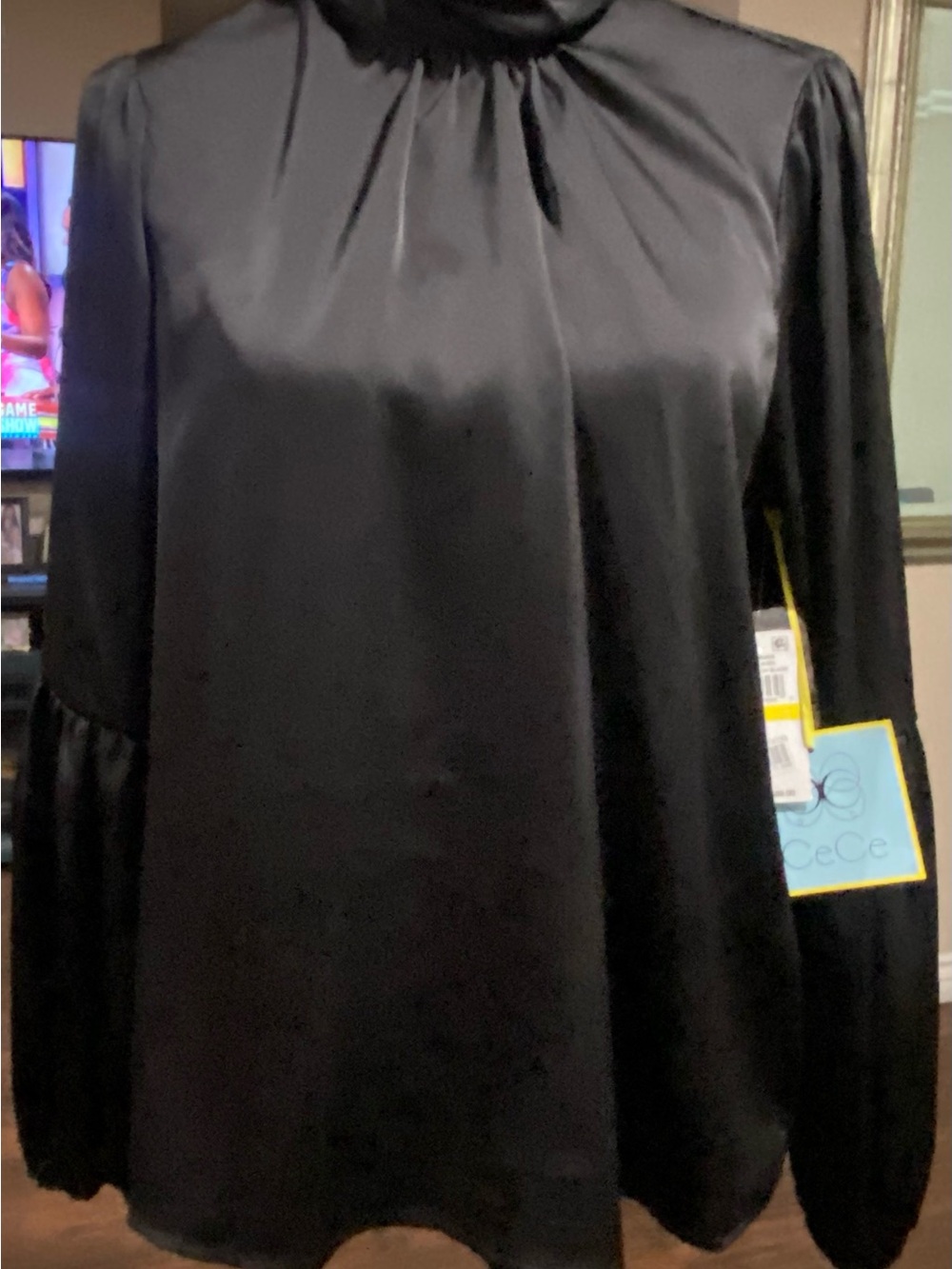 CeCe Black Satin Mock Neck Long Sleeve Blouse